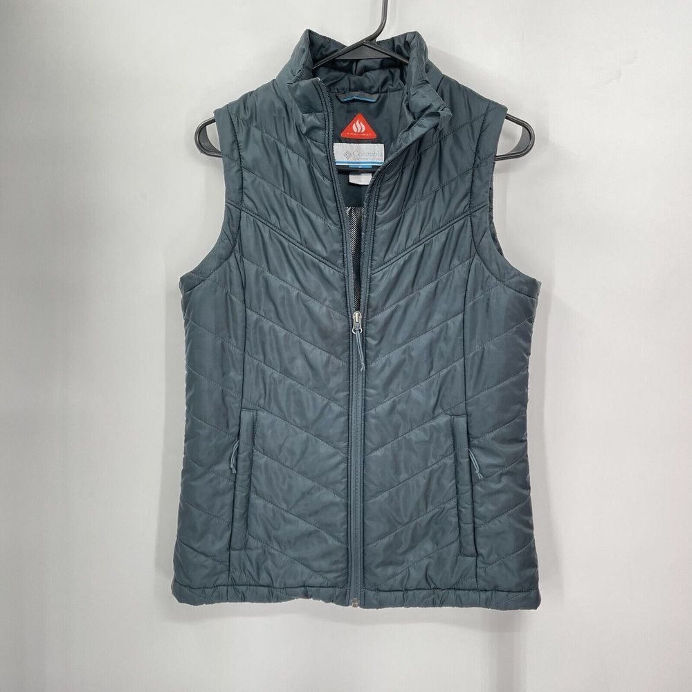 Columbia Size S Puffer Vest Women Dark Grey Omni-Heat Quilted Full Zip Mock Neck